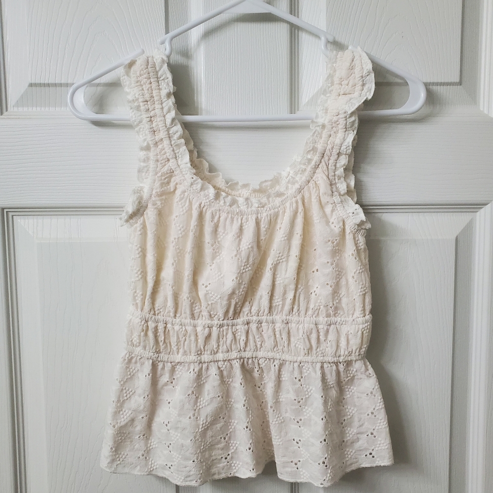 Womens Sleeveless Lace Eyelet Peplum Top in White With Ruffle Sleeve Details XS